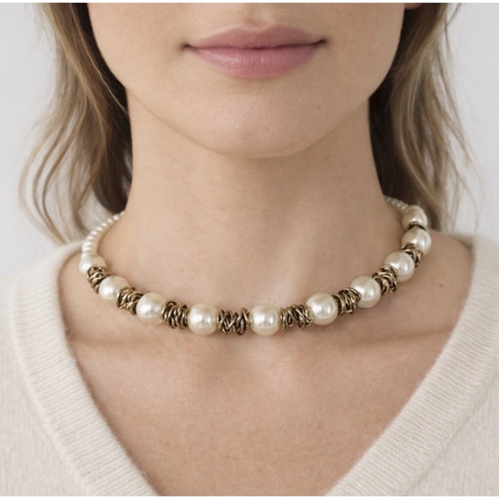 Faux Pearl Choker Necklace Bridal‎ Head Piece Antique Gold Tone Vintage One Size - Picture 4 of 16